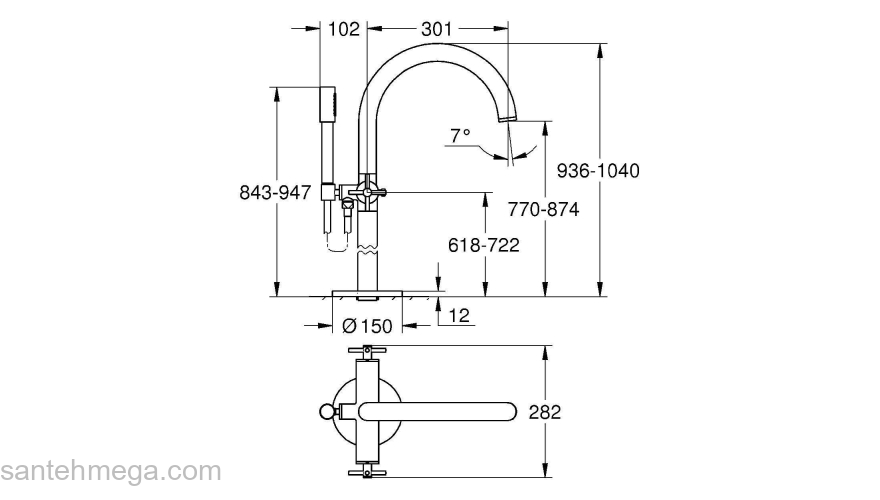 GROHE 25044AL3 Atrio New Смеситель двухвентильный для ванны свободностоящий, напольный монтаж, крестообразные ручки, ручной душ с держателем, Графит (комплект верхней монтажной части для 45 984 001). Фото