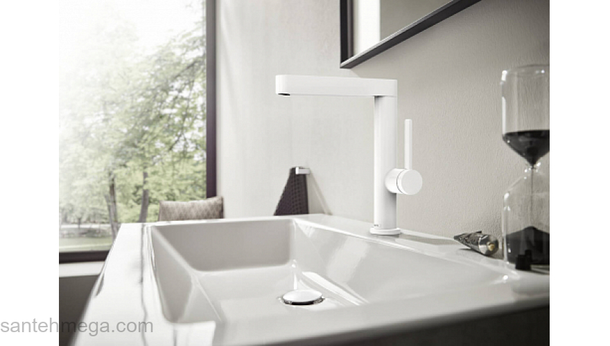 Finoris Смеситель для раковины, однорычажный, 230 с поворотным изливом, со сливным клапаном Push-Open 76060700, матовый белый. Фото