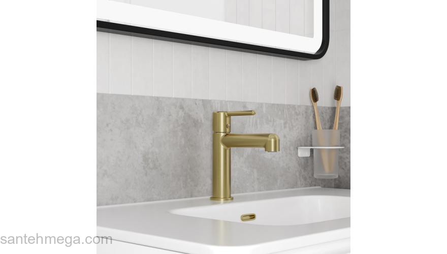 Cмеситель для умывальника золотой матовый Aiger IDDIS AIGMG00i01. Фото