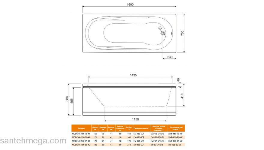Ванна акриловая CEZARES Modena 170x75. Фото