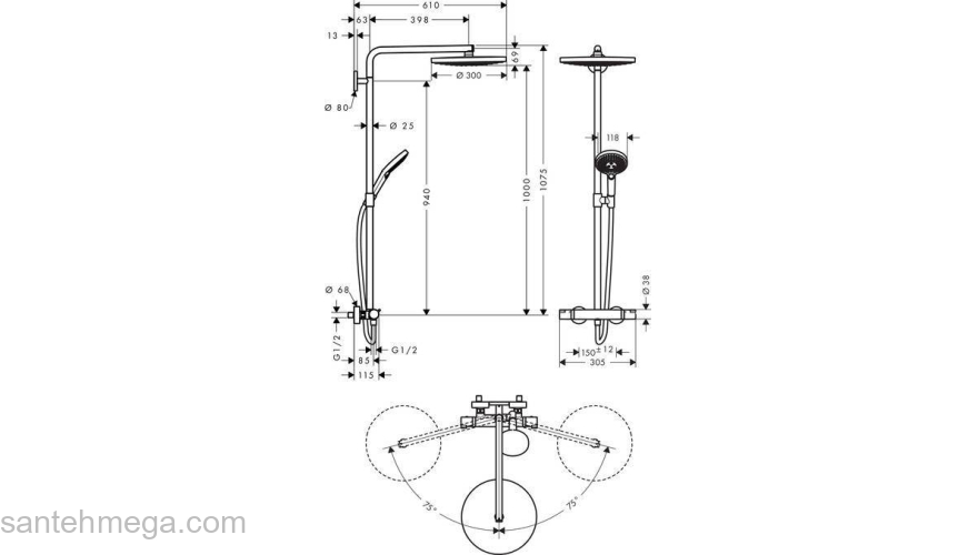 Душевая система HANSGROHE Raindance Select Showerpipe S300 2 jet 27133400. Фото