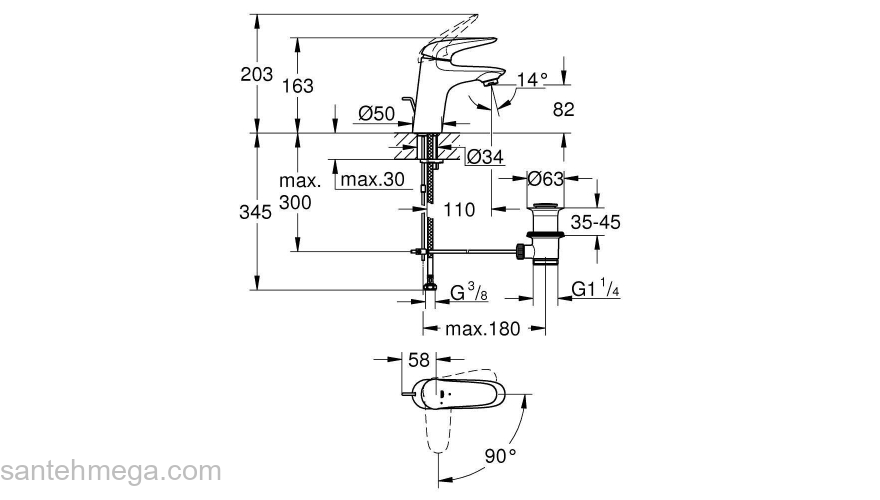 Eurostyle 2015 Solid Смеситель для раковины со сливным гарнитуром, S-Size, с GROHE 23709003 SilkMove® ES с энергосберегающей функцией (подача холодной воды при центральном положении рычага). Фото