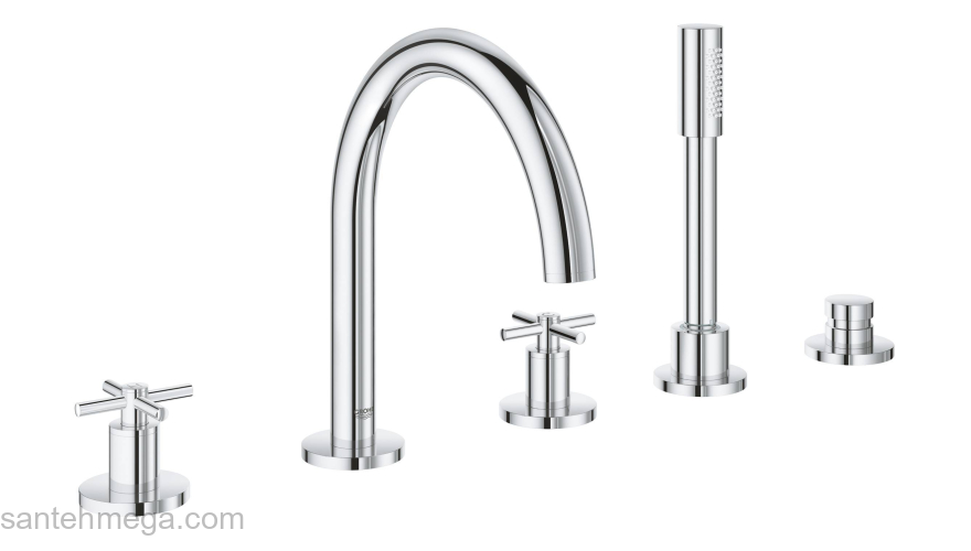 GROHE 19923003 Atrio New Комлект для ванны на 5 отверстий (смеситель двухвентильный, круглый излив, крестообразные ручки, ручной душ, переключатель), может быть использован с 29 037 001. Фото