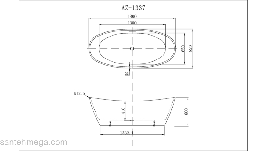 Ванна акриловая Azario EASTON 1800x820x600 мм., белая, свободностоящая, в комплекте с сифоном и металлической рамой. Фото