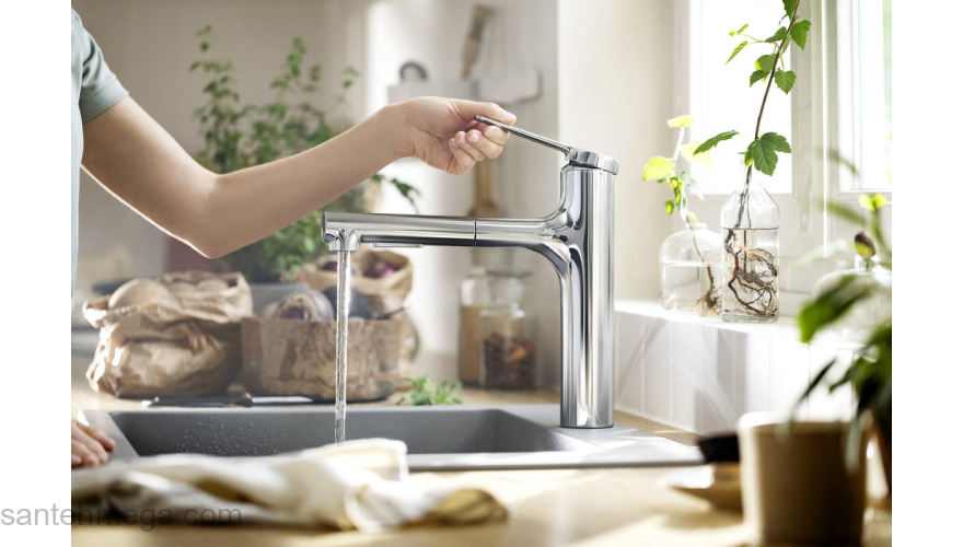 Смеситель для кухни Hansgrohe Zesis M33 74801800 с вытяжным душем, цвет сталь. Фото