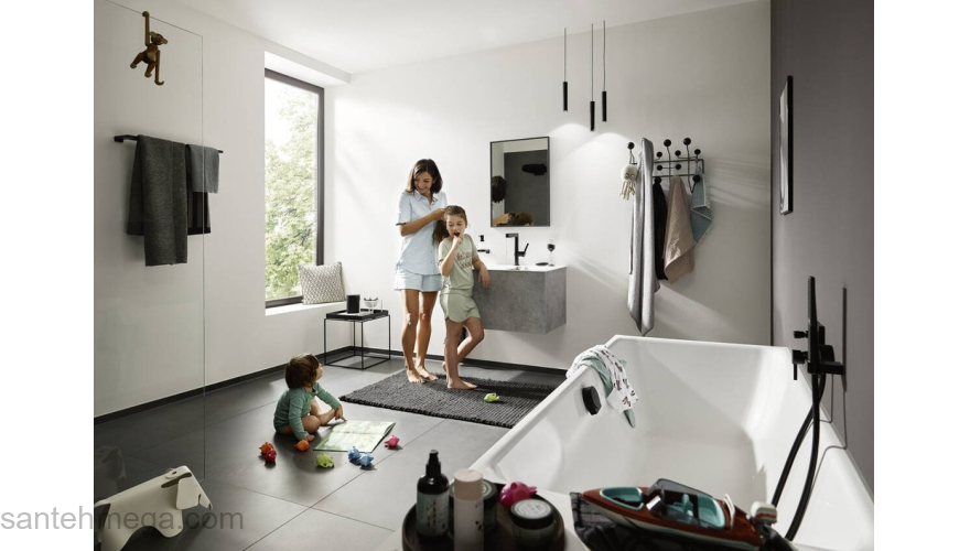 Двойной держатель полотенец AddStoris Hansgrohe 41743340, шлифованный черный хром для ванной комнаты. Фото