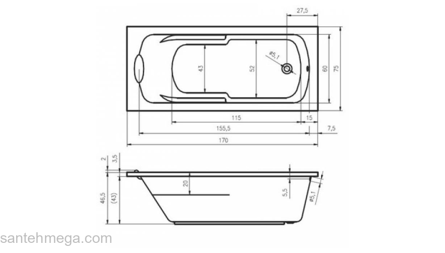 Ванна акриловая RIHO Virgo 170х75 BZ07005. Фото