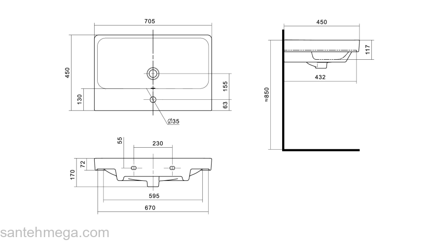 Раковина встраиваемая SANTEK Адриана 70х45 1.WH50.1.628. Фото