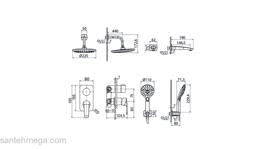 Душевая система скрытого монтажа с тропическим душем ручным душем и изливом Ray IDDIS RAYSB03i68. Фото
