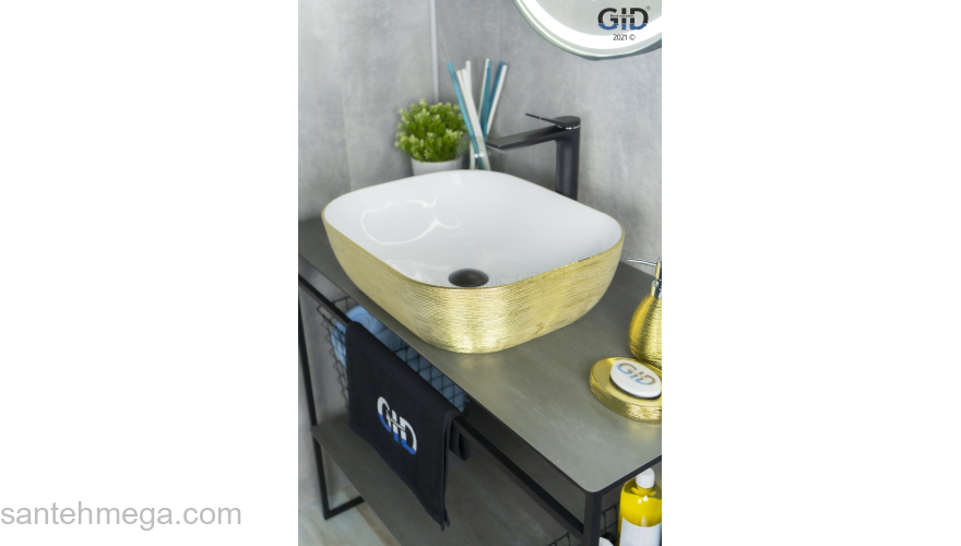 Раковина накладная GID D1302h130 50х40 53325 Белый / Золото. Фото