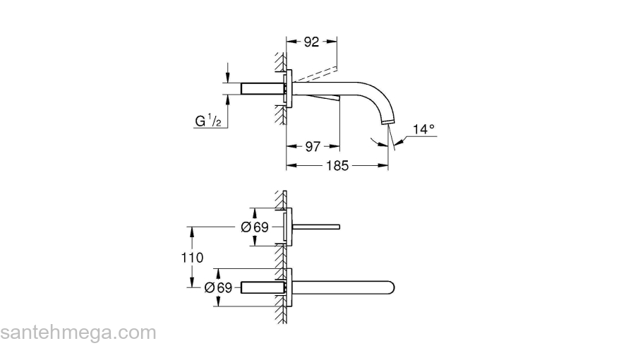 GROHE 19287AL3 Atrio New Joy Смеситель для раковины на 2 отверстия, настенный монтаж, вынос 185 мм, размер S, Графит (без встроенной части, комплект верхней монтажной части для 23 429 000). Фото