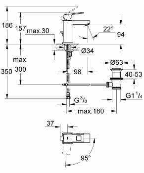 GROHE 2339000E Eurocube Смеситель однорычажный для раковины со сливным гарнитуром, с энергосберегающим картриджем - подача холодной воды при центральном положении рычага. Фото