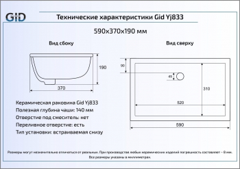 Раковина встраиваемая снизу GID Yj833 59х37 71153 Белый. Фото