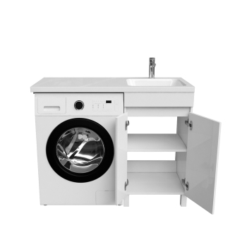Тумба с умывальником напольная для стиральной машины с дверцами 110 см правая белая Optima Home OPH11RDi95K. Фото