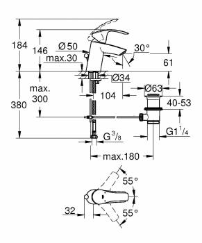 GROHE 33265002 Eurosmart 2015 Смеситель однорычажный для раковины со сливным гарнитуром, S-size. Фото