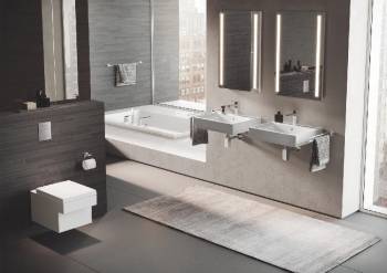 GROHE 23445000 Eurocube Смеситель однорычажный для раковины со средним изливом, сливной гарнитур. Фото