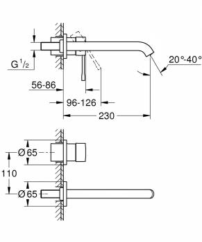 GROHE 19967BE1 Essence+ Смеситель для раковины на 2 отверстия, вынос 201 мм, настенный монтаж. Фото