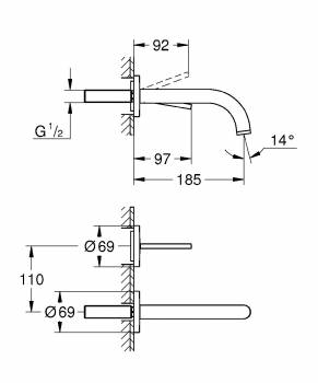 GROHE 19287DC3 Atrio New Joy Смеситель для раковины на 2 отверстия, настенный монтаж, вынос 185 мм, размер S, СуперСталь (без встроенной части, комплект верхней монтажной части для 23 429 000). Фото