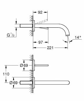 GROHE 19918003 Atrio New Joy Смеситель для раковины на 2 отверстия, настенный монтаж, вынос 221 мм, размер S (без встроенной части, комплект верхней монтажной части для 23 429 000). Фото