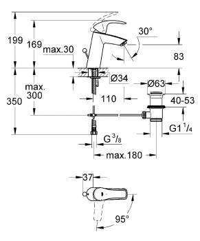 GROHE 2339310E Eurosmart Смеситель однорычажный для раковины со сливным гарнитуром, средний излив, с энергосберегающим картриджем - подача холодной воды при центральном положении рычага. Фото