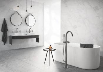 GROHE 32653AL3 Atrio New Смеситель однорычажный для ванны, напольный монтаж, ручной душ с держателем, шланг, Графит (без встроенной части, комплект верхней монтажной части для 45 984). Фото