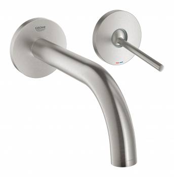 GROHE 19287DC3 Atrio New Joy Смеситель для раковины на 2 отверстия, настенный монтаж, вынос 185 мм, размер S, СуперСталь (без встроенной части, комплект верхней монтажной части для 23 429 000). Фото