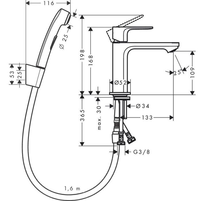 72216000 HANSGROHE  Rebris E смеситель для раковины 110, с гигиеническим душем. Фото