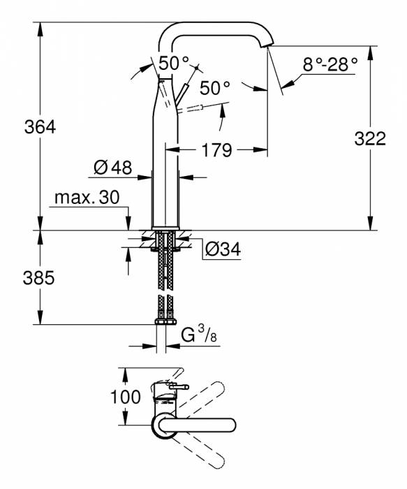 GROHE 32901A01 Essence New Смеситель однорычажный для свободностоящей раковины U-излив, гладкий корпус, цвет: темный гарфит, глянец. Фото