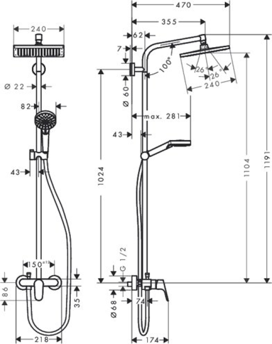 Душевая система Hansgrohe Crometta E 240 1jet Showerpipe 27284000. Фото