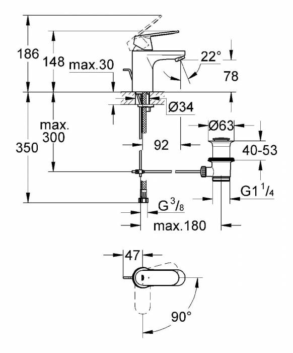 GROHE 2337700E Eurosmart Cosmopolitan Смеситель для раковины со сливным гарнитуром, с энергосберегающим картриджем - подача холодной воды при центральном положении рычага. Фото