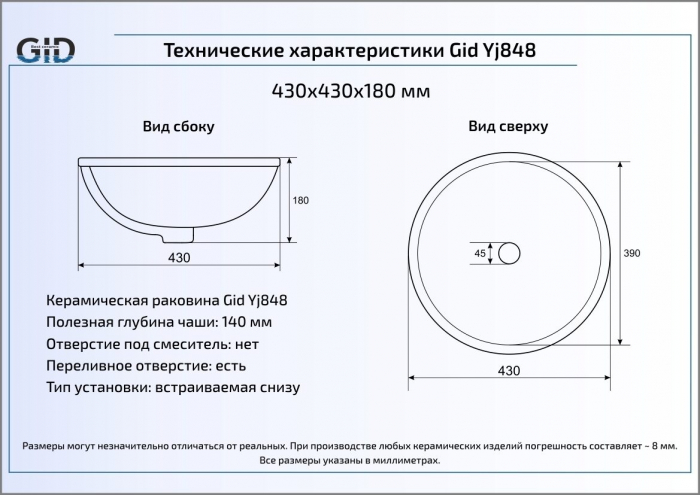 Раковина встраиваемая снизу GID YJ848 43х43 71149 Белый. Фото