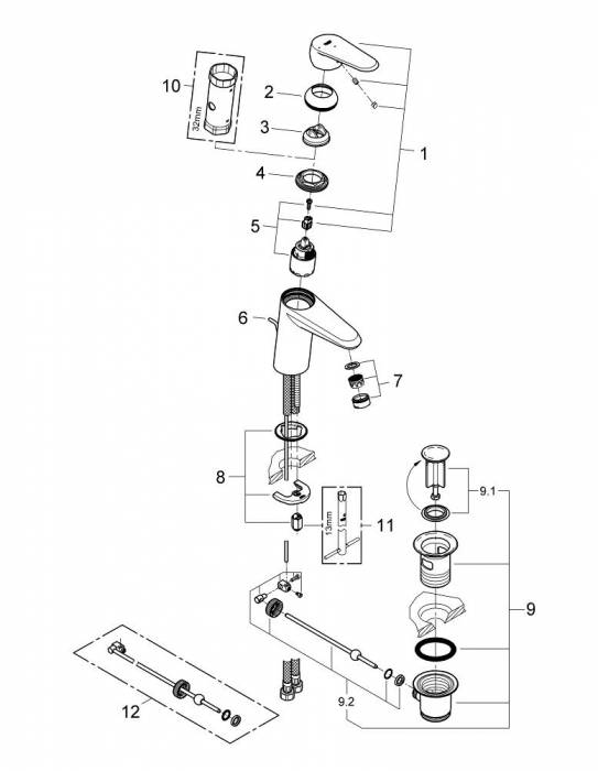 GROHE 2338420E Eurodisc Cosmopolitan Смеситель однорычажный для раковины со сливным гарнитуром, с энергосберегающим картриджом (подача холодной воды при центральном расположении рычага). Фото