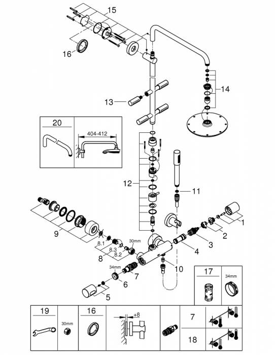 GROHE 27374000 Rainshower Sena 210 Душевая система с термостатом, боковыми душами, ручным душем. Фото