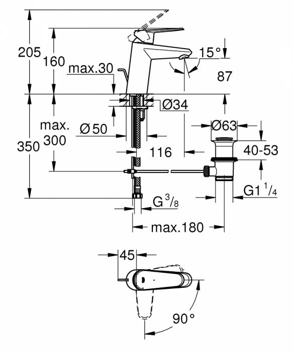 GROHE 2338420E Eurodisc Cosmopolitan Смеситель однорычажный для раковины со сливным гарнитуром, с энергосберегающим картриджом (подача холодной воды при центральном расположении рычага). Фото