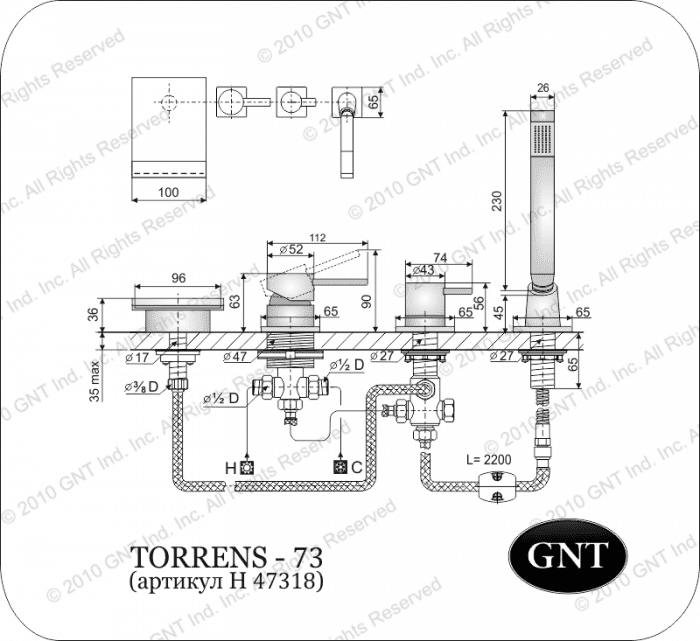 Врезной смеситель для ванны GNT Torrens-73. Фото