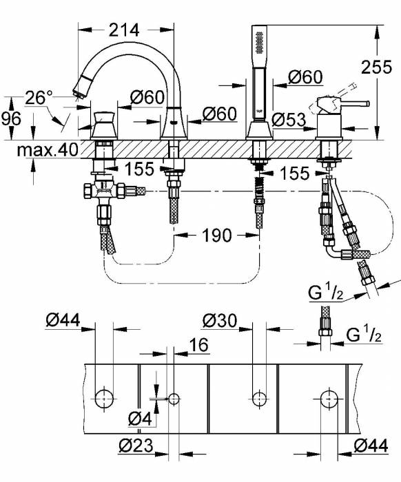 GROHE 19936GL0 Grandera Смеситель однорычажный для ванны на 4 отвесртия. Фото