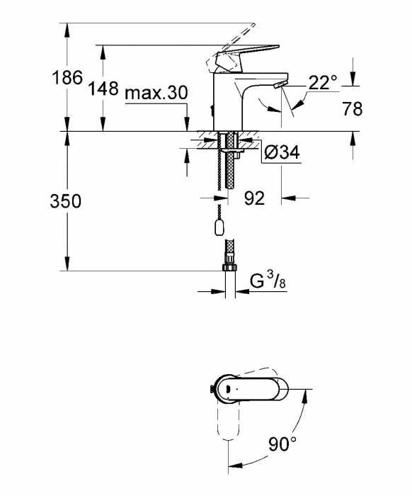 GROHE 2337800e Eurosmart Cosmopolitan Смеситель однорычажный для раковины с цепочкой, с энергосберегающим картриджем - подача холодной воды при центральном положении рычага. Фото