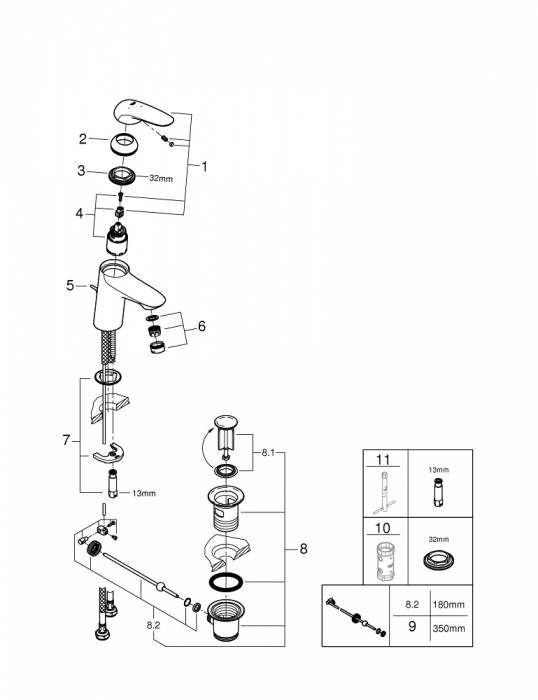 Eurostyle 2015 Solid Смеситель для раковины со сливным гарнитуром, S-Size, с GROHE 23709LS3 SilkMove® ES с энергосберегающей функцией (подача холодной воды при центральном положении рычага). Фото