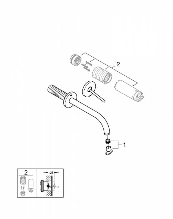 GROHE 19918003 Atrio New Joy Смеситель для раковины на 2 отверстия, настенный монтаж, вынос 221 мм, размер S (без встроенной части, комплект верхней монтажной части для 23 429 000). Фото