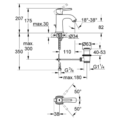 GROHE 23303A00 Grandera Смеситель однорычажный для раковины со сливым гарнитуром. Фото