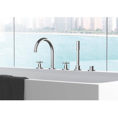 GROHE 19923003 Atrio New Комлект для ванны на 5 отверстий (смеситель двухвентильный, круглый излив, крестообразные ручки, ручной душ, переключатель), может быть использован с 29 037 001. Фото
