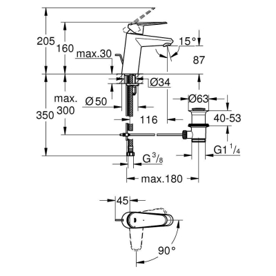 GROHE 2338420E Eurodisc Cosmopolitan Смеситель однорычажный для раковины со сливным гарнитуром, с энергосберегающим картриджом (подача холодной воды при центральном расположении рычага). Фото