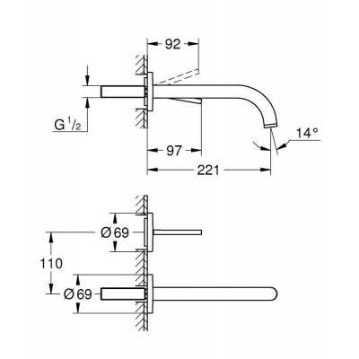 GROHE 19918AL3 Atrio New Joy Смеситель для раковины на 2 отверстия, настенный монтаж, вынос 221 мм, размер S, Графит (без встроенной части, комплект верхней монтажной части для 23 429 000). Фото