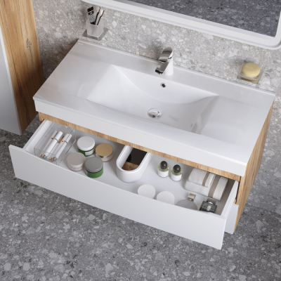 Тумба с умывальником подвесная 100 см белая/золотистый дуб Cloud IDDIS CLO10Y0i95K подходит ум. 0131000i28. Фото