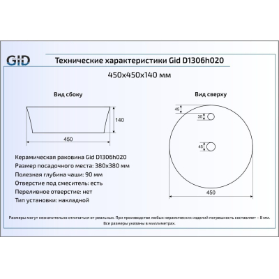 Раковина накладная GID D1306h020 44х44 53315 Черный / Хром. Фото