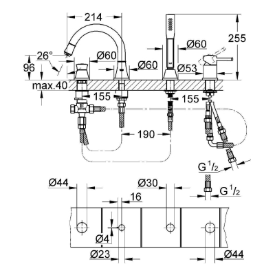 GROHE 19936GL0 Grandera Смеситель однорычажный для ванны на 4 отвесртия. Фото