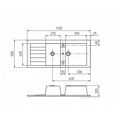 Мойка для кухни Акватон Торина прямоугольная с крылом и дополнительной чашей графит 1A712032TR210. Фото